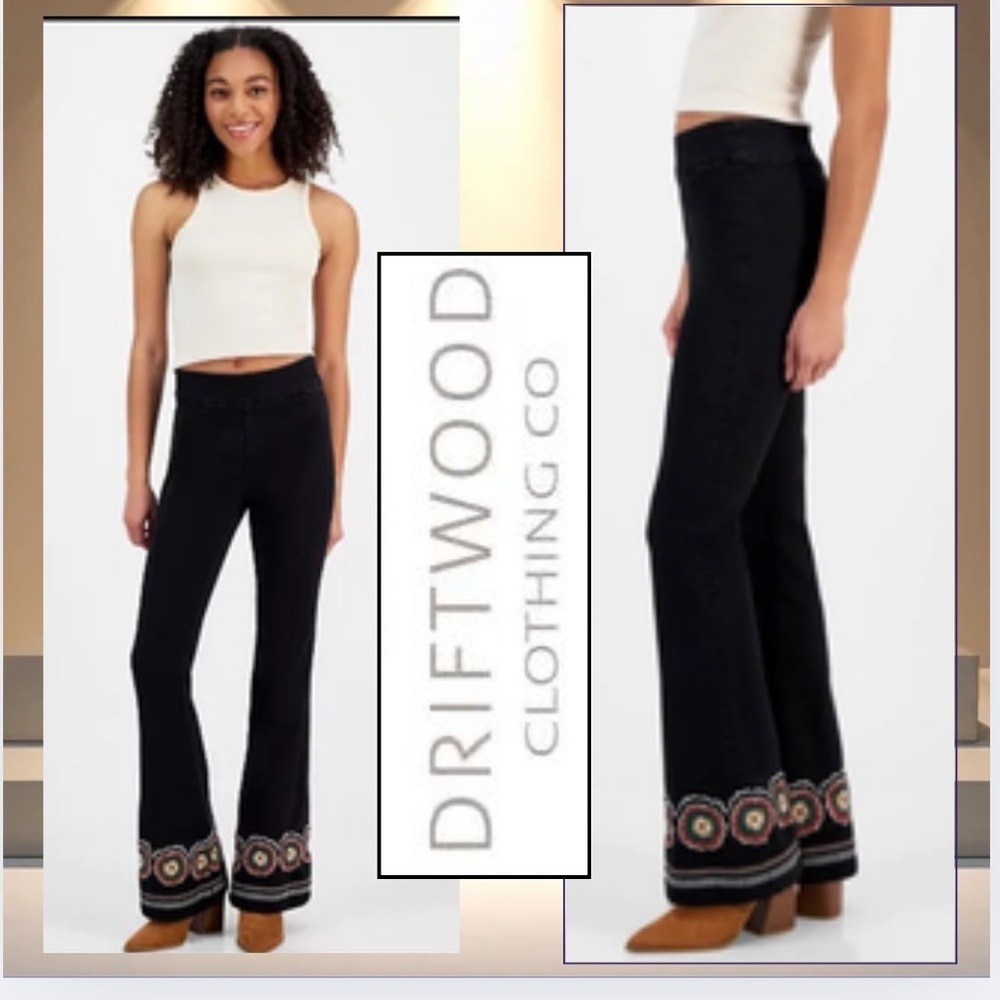 DRIFTWOOD,Wyatt Pull-On,Jeans,Eclectic
Black Flared Pant,Embroidered Hem,Size L